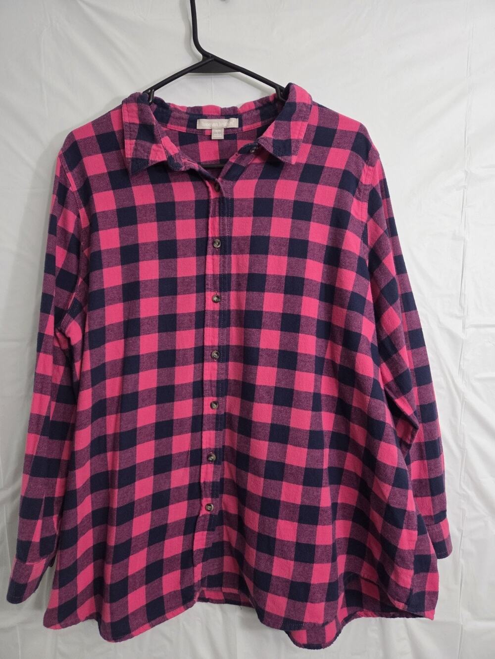 Woman Within Flannel Shirt Size 18/20 Large Pink/Blue Plaid Button-up